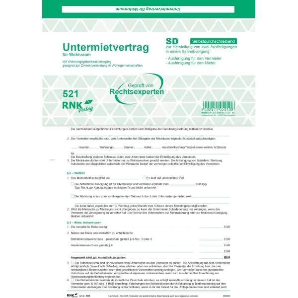 Untermietvertrag für Wohnräume  SD 2x2 Blatt A4