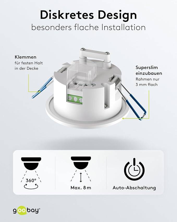 Goobay Bewegungsmelder Compact Weiß, Unterputz Deckenmontage, 360° PIR Sensor, 8 m Reichweite, IP20-5