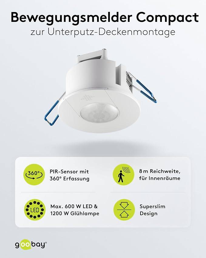 Goobay Bewegungsmelder Compact Weiß, Unterputz Deckenmontage, 360° PIR Sensor, 8 m Reichweite, IP20-2