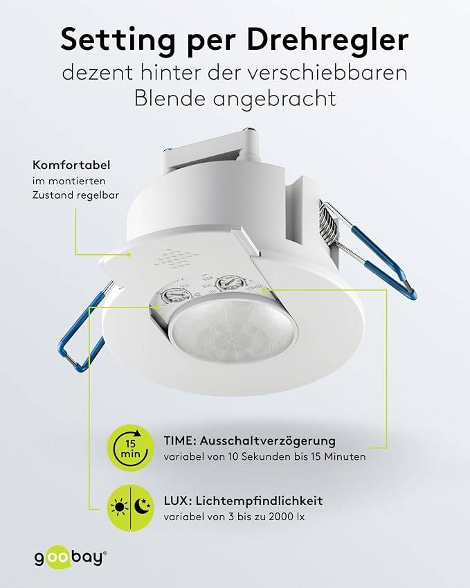 Goobay Bewegungsmelder Compact Weiß, Unterputz Deckenmontage, 360° PIR Sensor, 8 m Reichweite, IP20-4