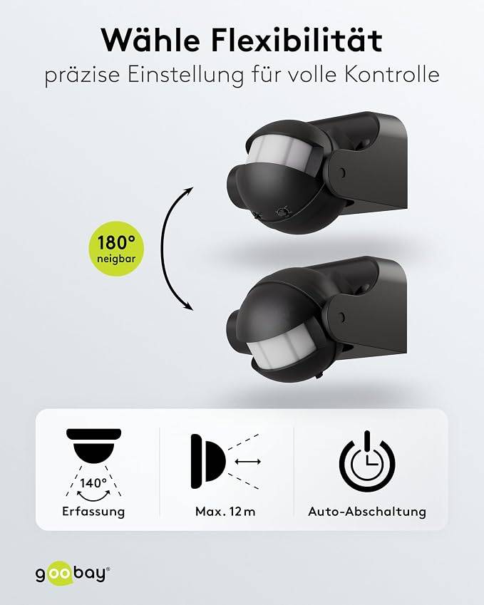 Goobay Bewegungsmelder Schwarz, neigbar, 140° PIR Sensor, 12 m Reichweite, IP44, LED geeignet-6