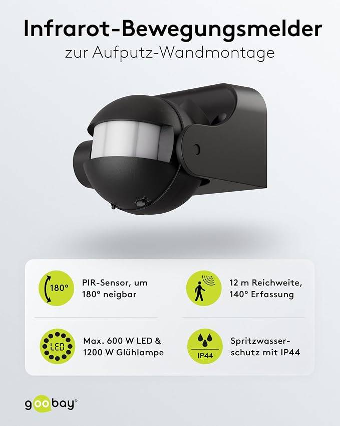 Goobay Bewegungsmelder Schwarz, neigbar, 140° PIR Sensor, 12 m Reichweite, IP44, LED geeignet-2