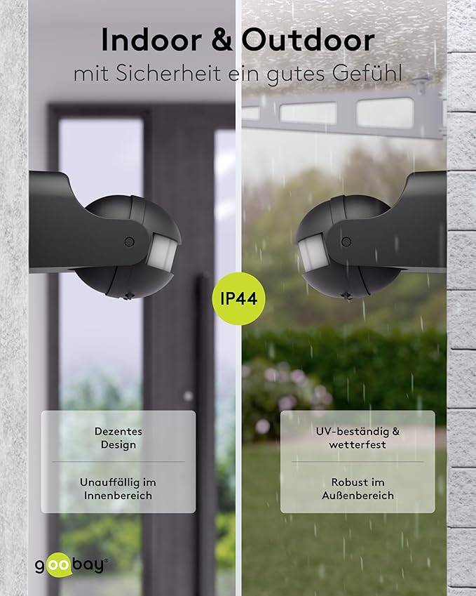 Goobay Bewegungsmelder Schwarz, neigbar, 140° PIR Sensor, 12 m Reichweite, IP44, LED geeignet-3