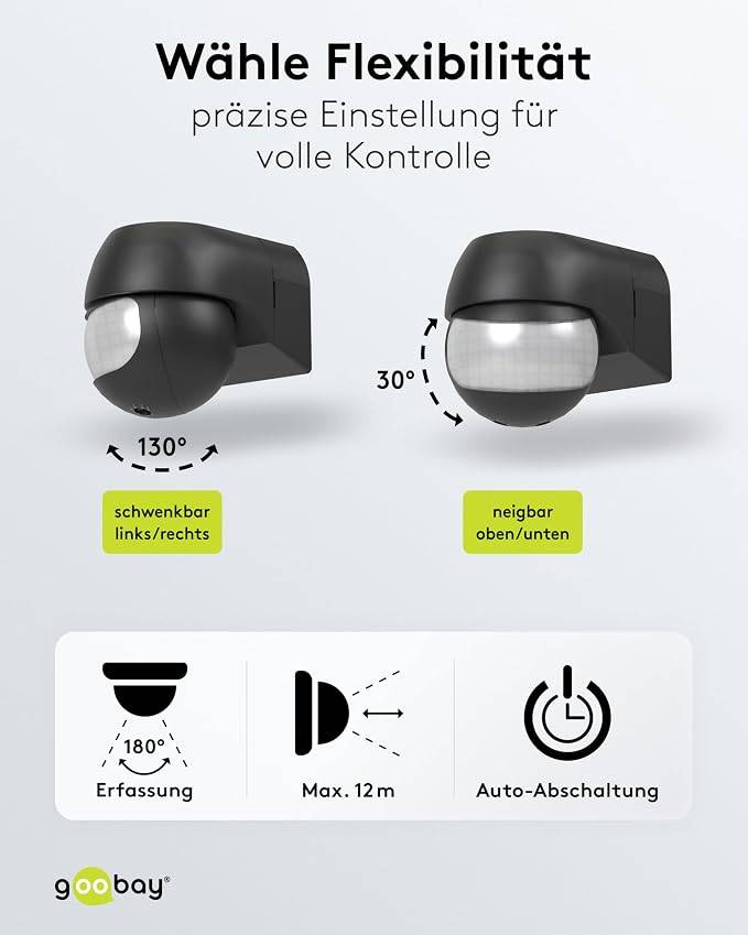 Goobay Bewegungsmelder Schwarz, neigbar und schwenkbar, 180° PIR Sensor, 12 m Reichweite, IP44-5