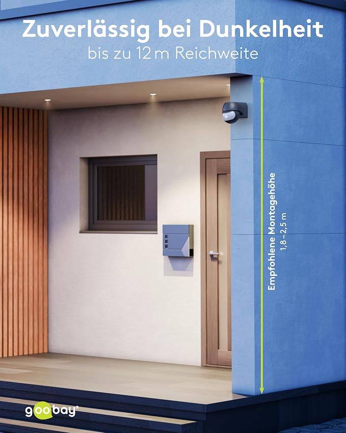 Goobay Bewegungsmelder Schwarz, neigbar und schwenkbar, 180° PIR Sensor, 12 m Reichweite, IP44-6