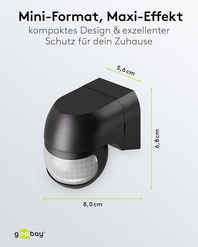 Goobay Bewegungsmelder Schwarz, neigbar und schwenkbar, 180° PIR Sensor, 12 m Reichweite, IP44-1