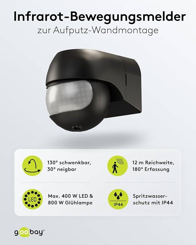 Goobay Bewegungsmelder Schwarz, neigbar und schwenkbar, 180° PIR Sensor, 12 m Reichweite, IP44-2