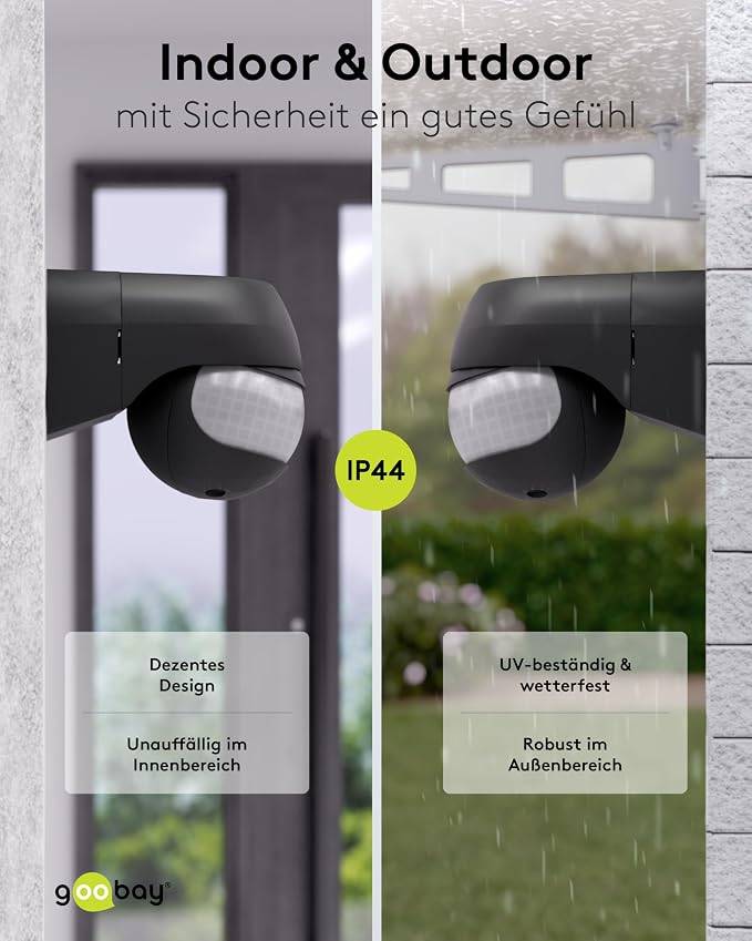 Goobay Bewegungsmelder Schwarz, neigbar und schwenkbar, 180° PIR Sensor, 12 m Reichweite, IP44-3