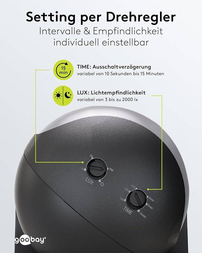 Goobay Bewegungsmelder Schwarz, neigbar und schwenkbar, 180° PIR Sensor, 12 m Reichweite, IP44-4