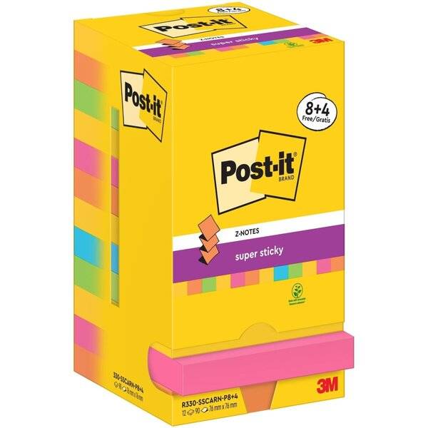 Post-it Haftnotiz R330-SSCARN-P8+4 76x76mm 90Bl farbig 12 St./Pack.