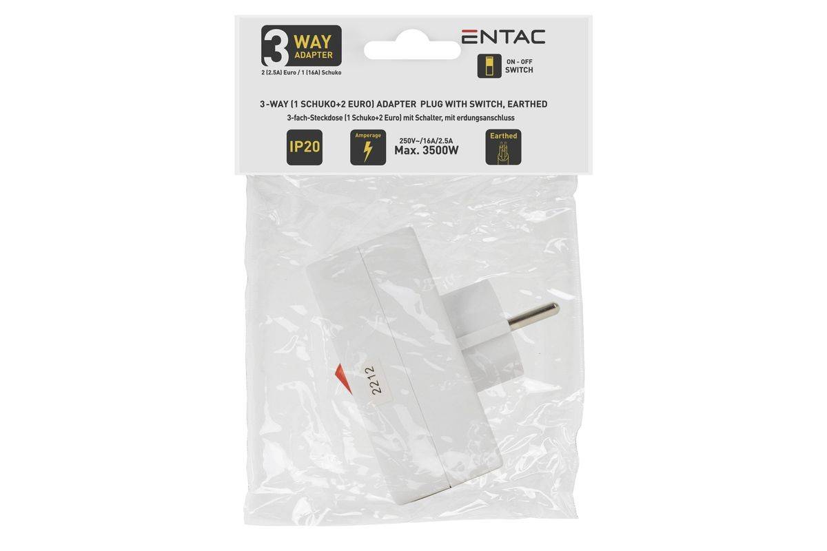 ENTAC Steckdosenadapter 2x Euro 1x Schukon Schalter weiß-1
