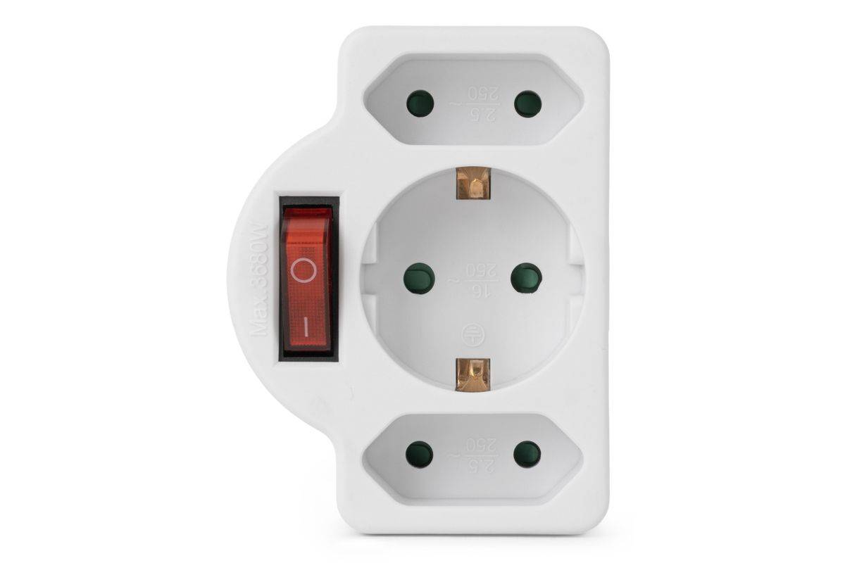 ENTAC Steckdosenadapter 2x Euro 1x Schukon Schalter weiß-3