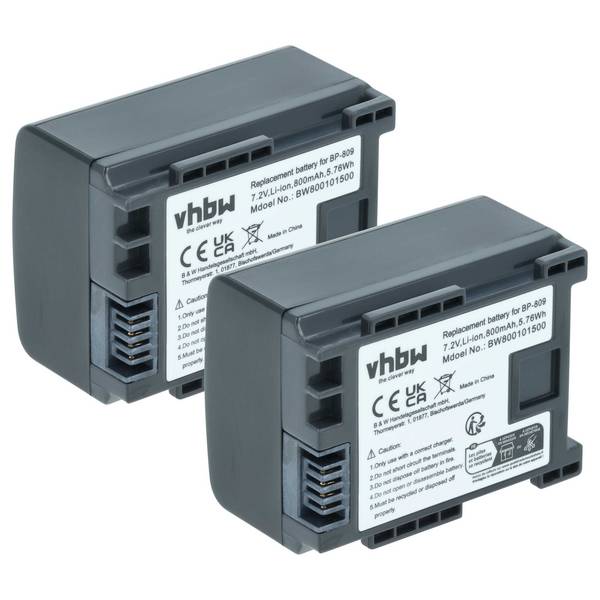 vhbw 2x Akku kompatibel mit Canon Vixia HF200, HF G10, HF21, HF11, HF20 | Videokamera Camcorder (800 mAh, 7,2 V, Li-Ion)