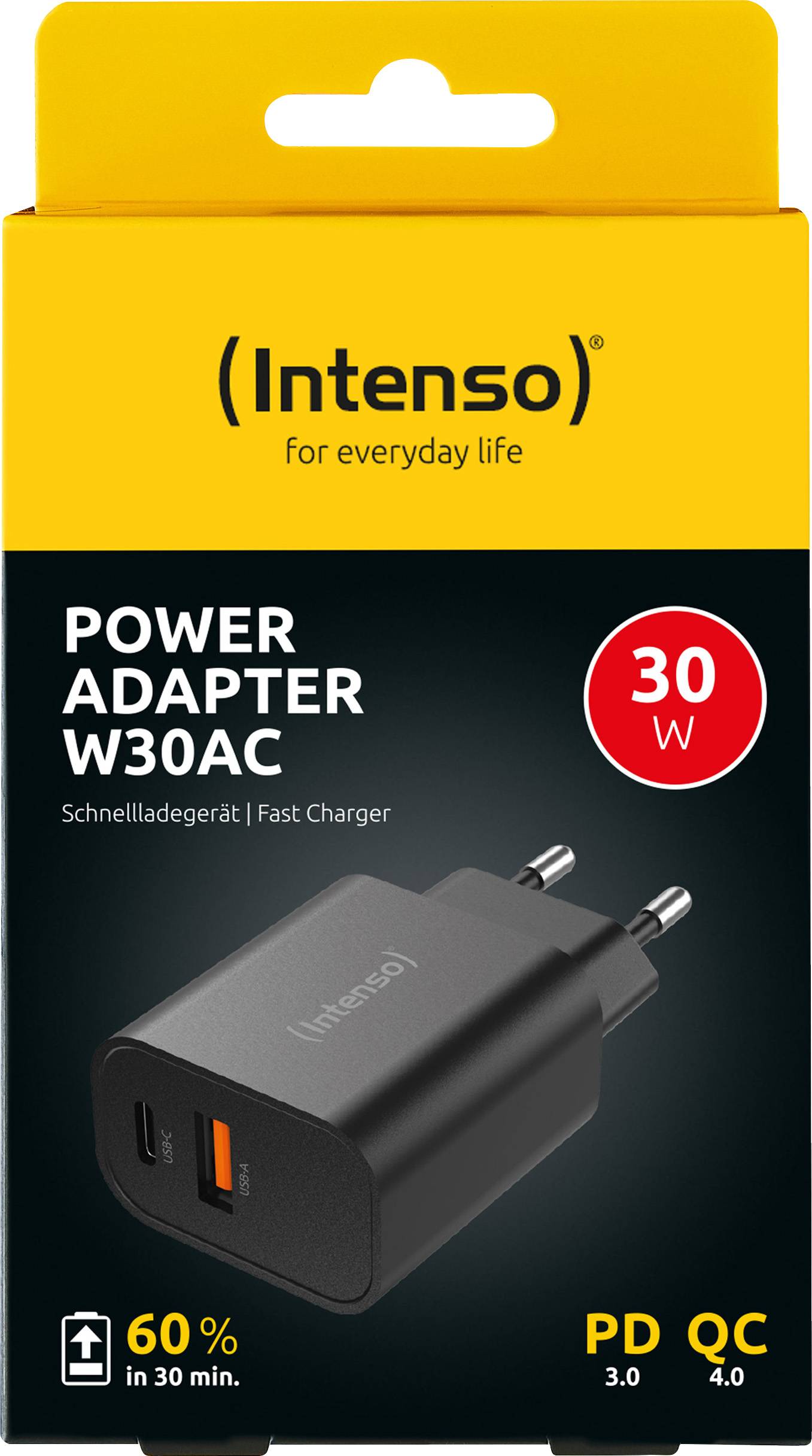Intenso Ladeadapter „W30AC“ – 30 W USB-C Power Delivery + USB-A Quick Charge, Schwarz (Retail-Blister)-0