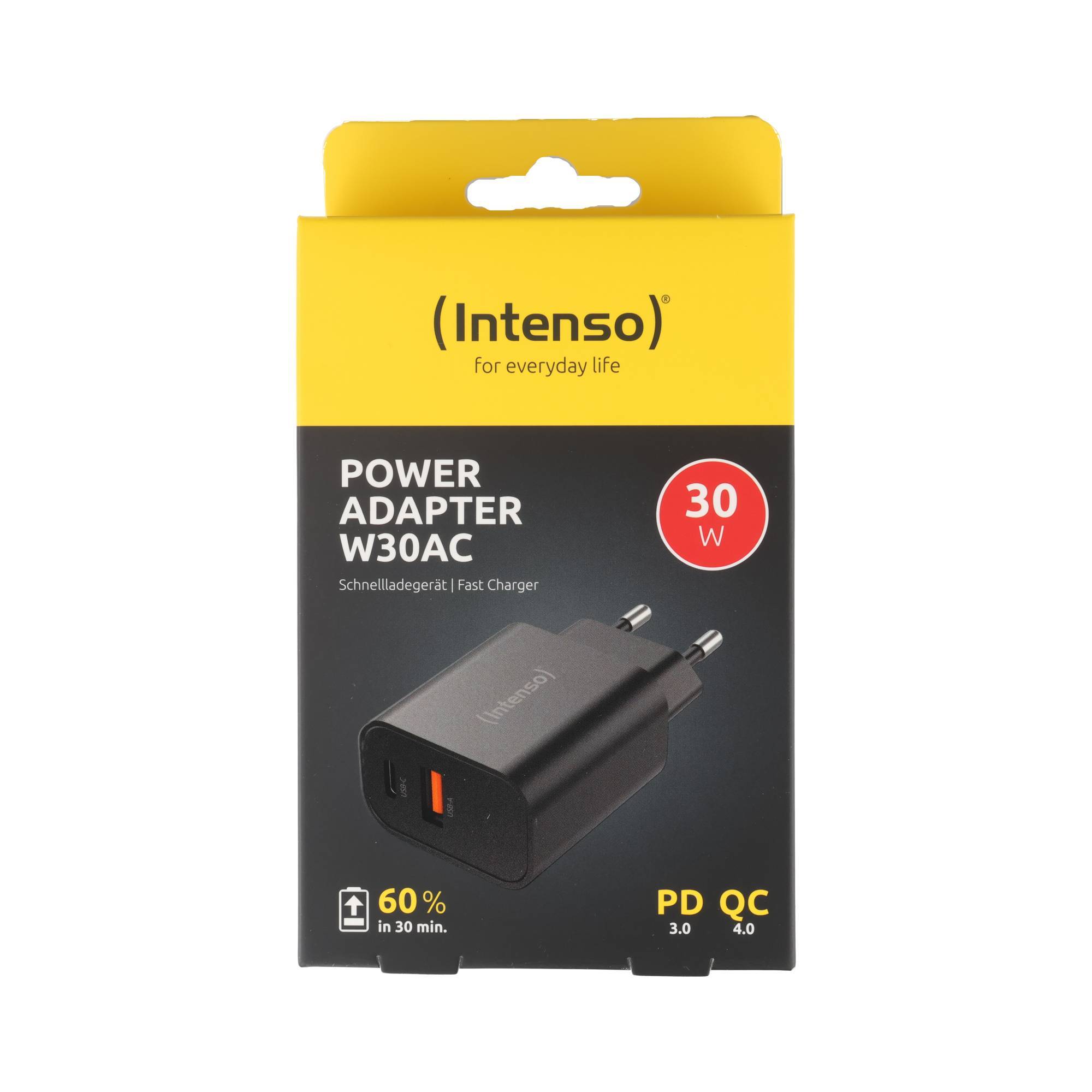 Intenso Ladeadapter „W30AC“ – 30 W USB-C Power Delivery + USB-A Quick Charge, Schwarz (Retail-Blister)-0