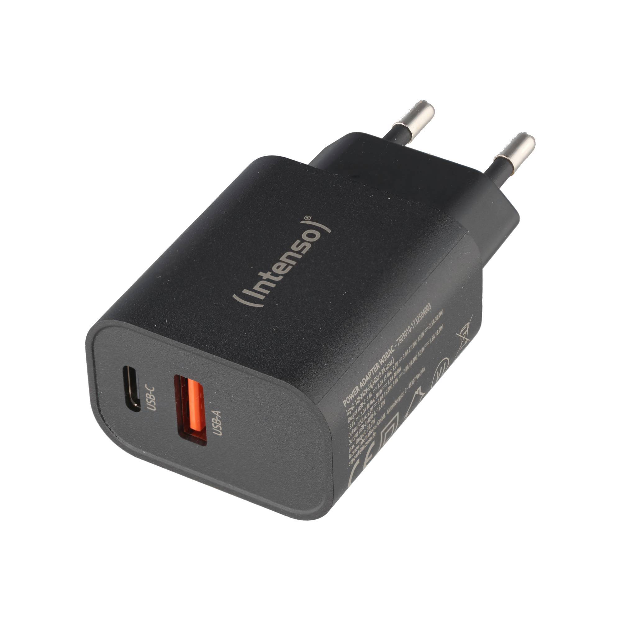 Intenso Ladeadapter „W30AC“ – 30 W USB-C Power Delivery + USB-A Quick Charge, Schwarz (Retail-Blister)-2