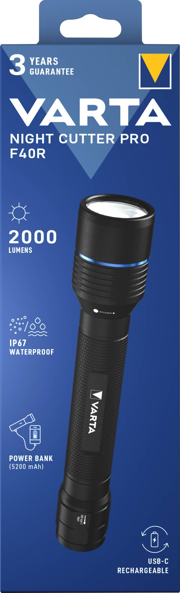 VARTA LED Taschenlampe Night Cutter Pro F40R – 2.000 Lumen, wiederaufladbar, mit Powerbank-Funktion