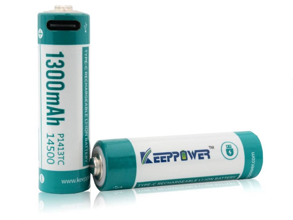 2 Stück Keeppower 14500 1300mAh 3,7V geschütze Li-Ion-Zelle mit USB-C-Ladeanschluss, Abmessungen 50,2x14,3mm, P1413TC-0