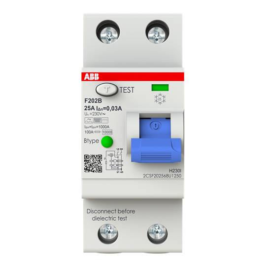 F202B-25/0,03 FI-Schutzschalter Typ B 2P, 25A, 30mA, 3kA, 2TE, 2CSF202568U1250 F202B25003-0