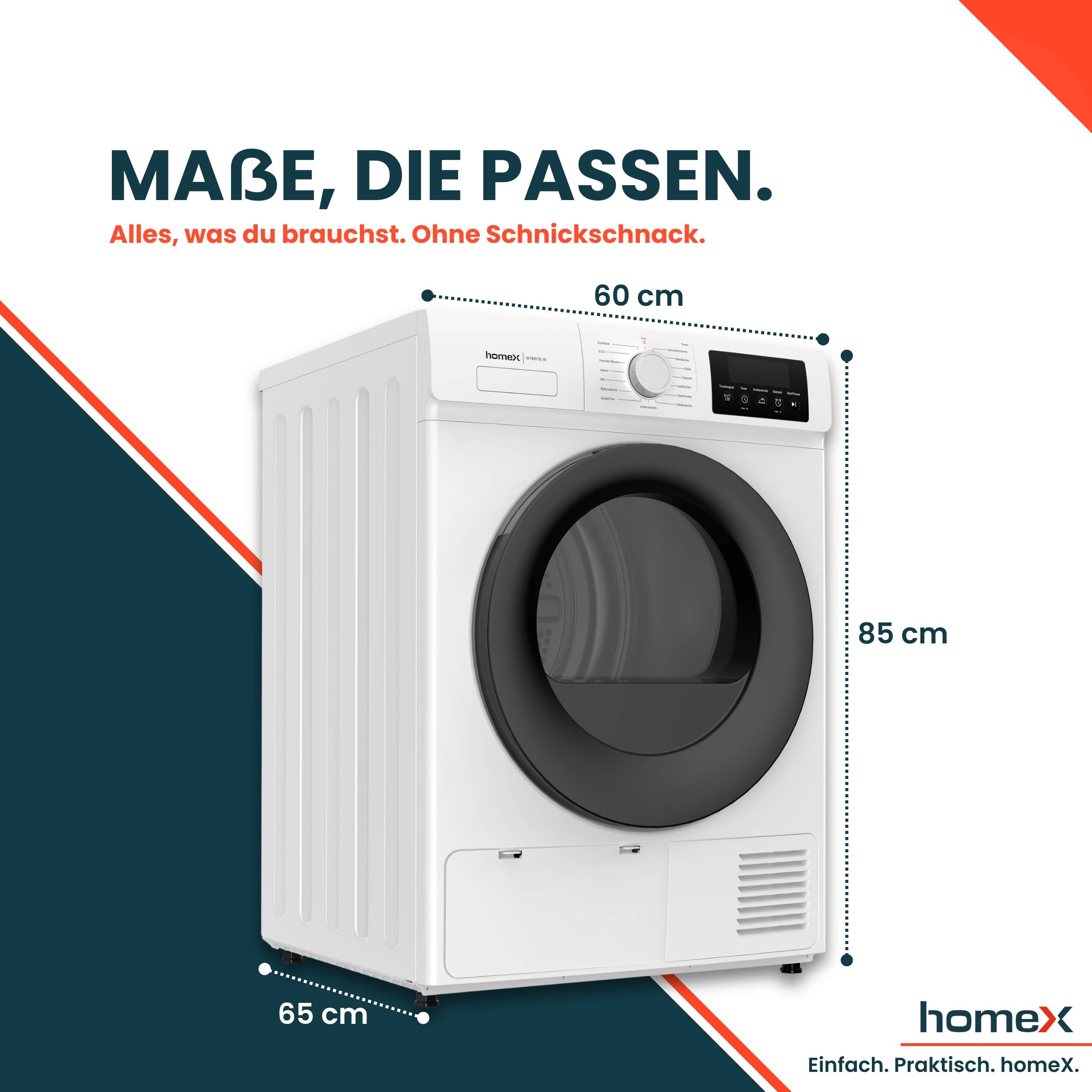 homeX WT8W1E-W Wärmepumpentrockner 8kg, Wäschetrockner - Trockner mit 15 Programmen, Knitterschutz, Schnelltrocknen-2