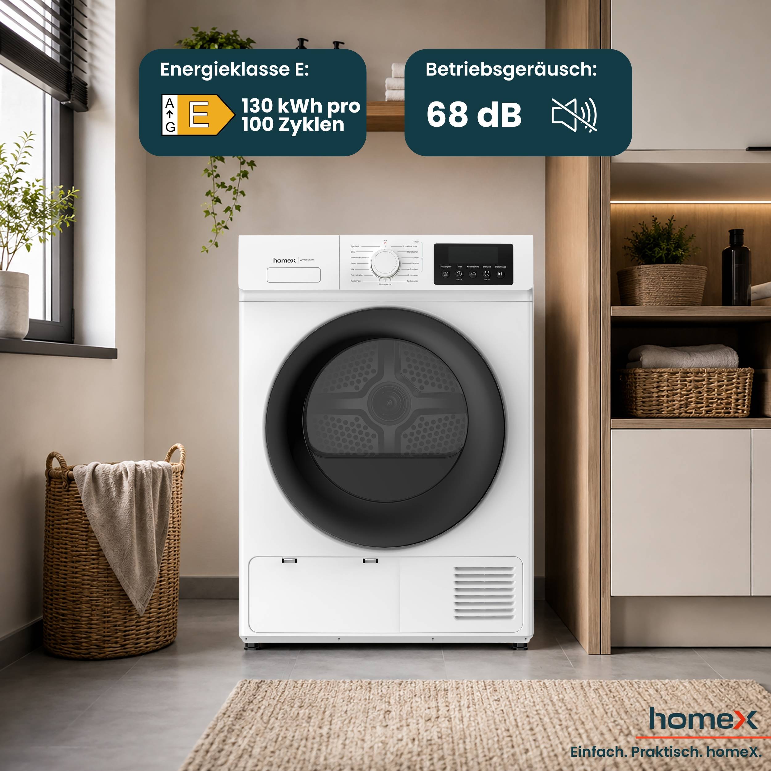 homeX WT8W1E-W Wärmepumpentrockner 8kg, Wäschetrockner - Trockner mit 15 Programmen, Knitterschutz, Schnelltrocknen-3