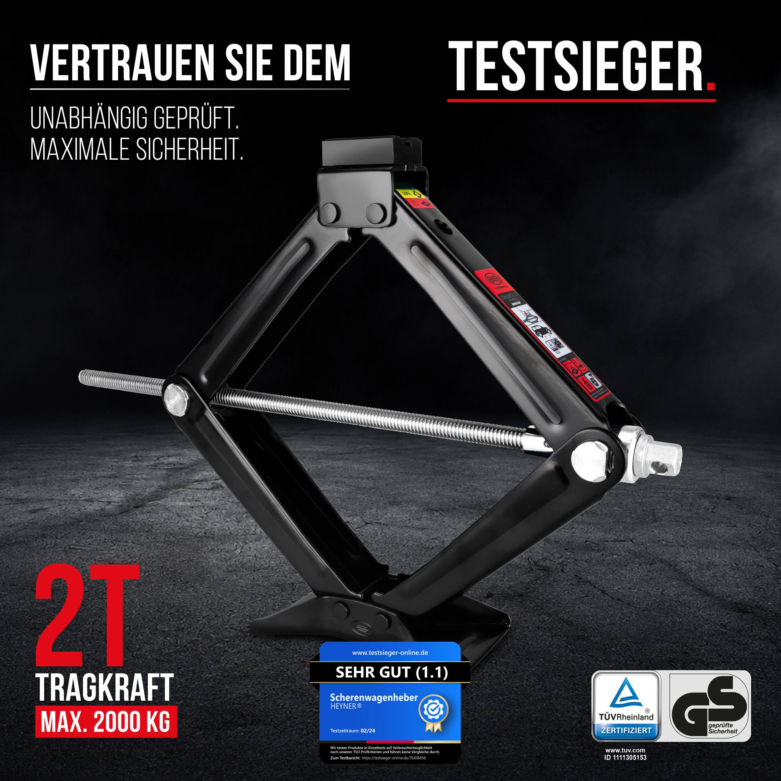 HEYNER® Scherenwagenheber 2 t Wagenheber inkl. Tasche TÜV, 98-442mm GS 17mm Ratsche Kurbel, Gummiauflage-4
