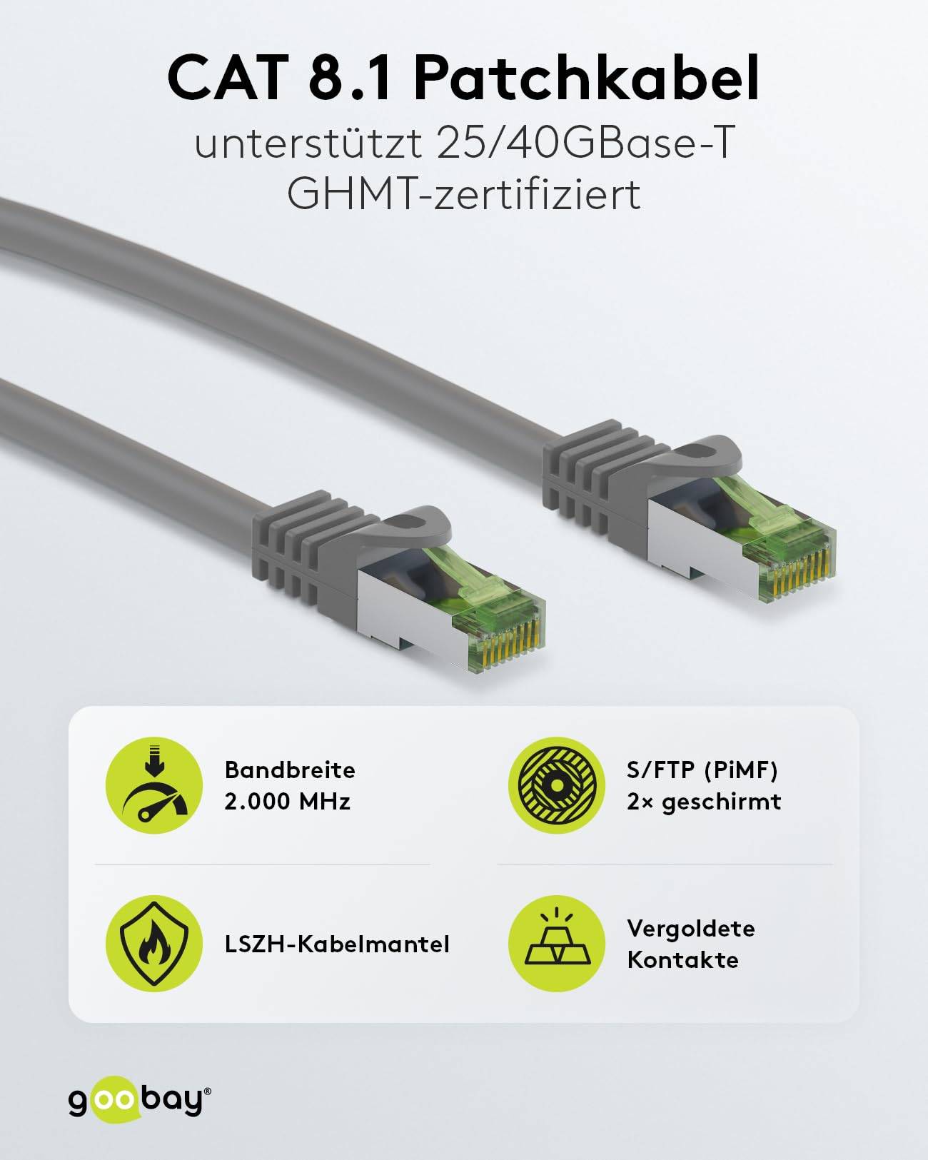 Goobay 61114 CAT 8.1 Patchkabel GHMT zertifiziert S/FTP PiMF halogenfrei 2 GHz Netzwerkkabel Internetkabel Grau 0,5m-1