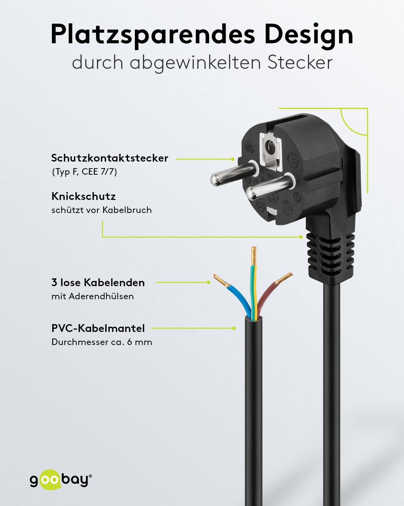 Goobay 96033 Netzkabel mit abgewinkeltem Schutzkontaktstecker universelles Stromkabel, offene Kabelenden Schwarz, 3.00 m-2