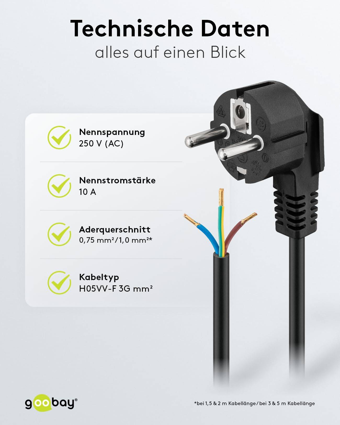 Goobay 96033 Netzkabel mit abgewinkeltem Schutzkontaktstecker universelles Stromkabel, offene Kabelenden Schwarz, 3.00 m-3