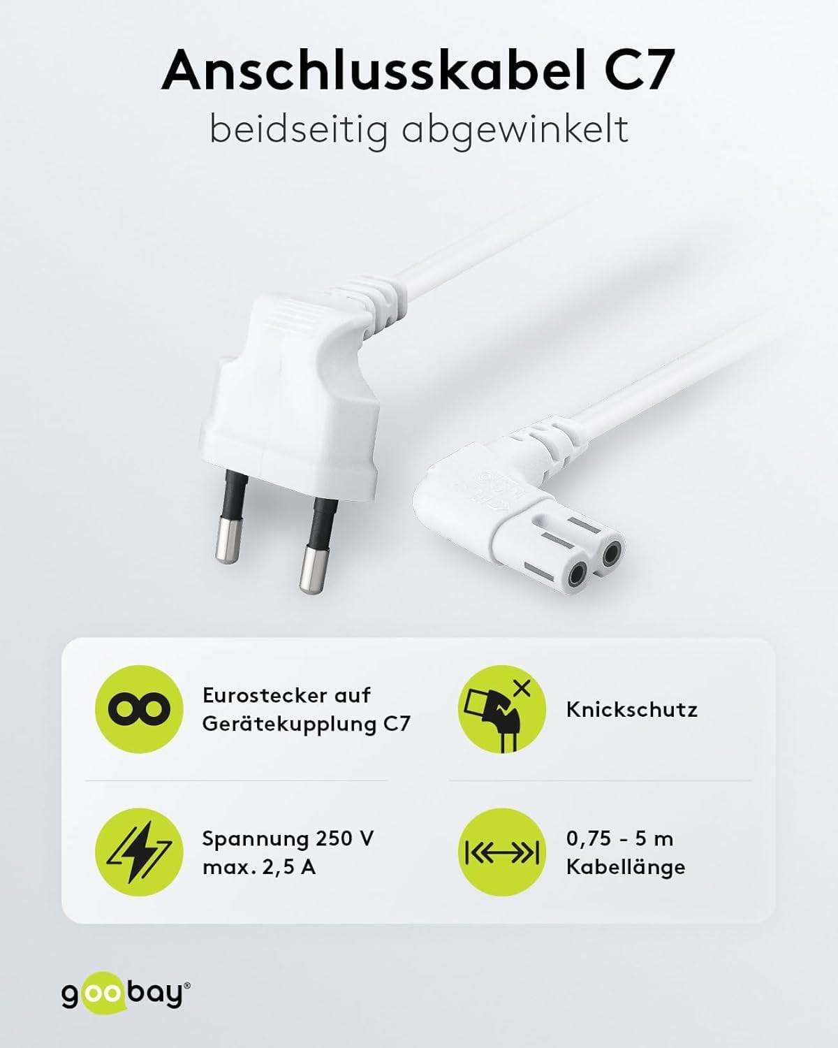 Goobay 97356 Netzkabel 90 Grad abgewinkelt / Eurostecker & C7 Buchse / Universell Stromkabel Eurokabel / Weiß / 3m-1