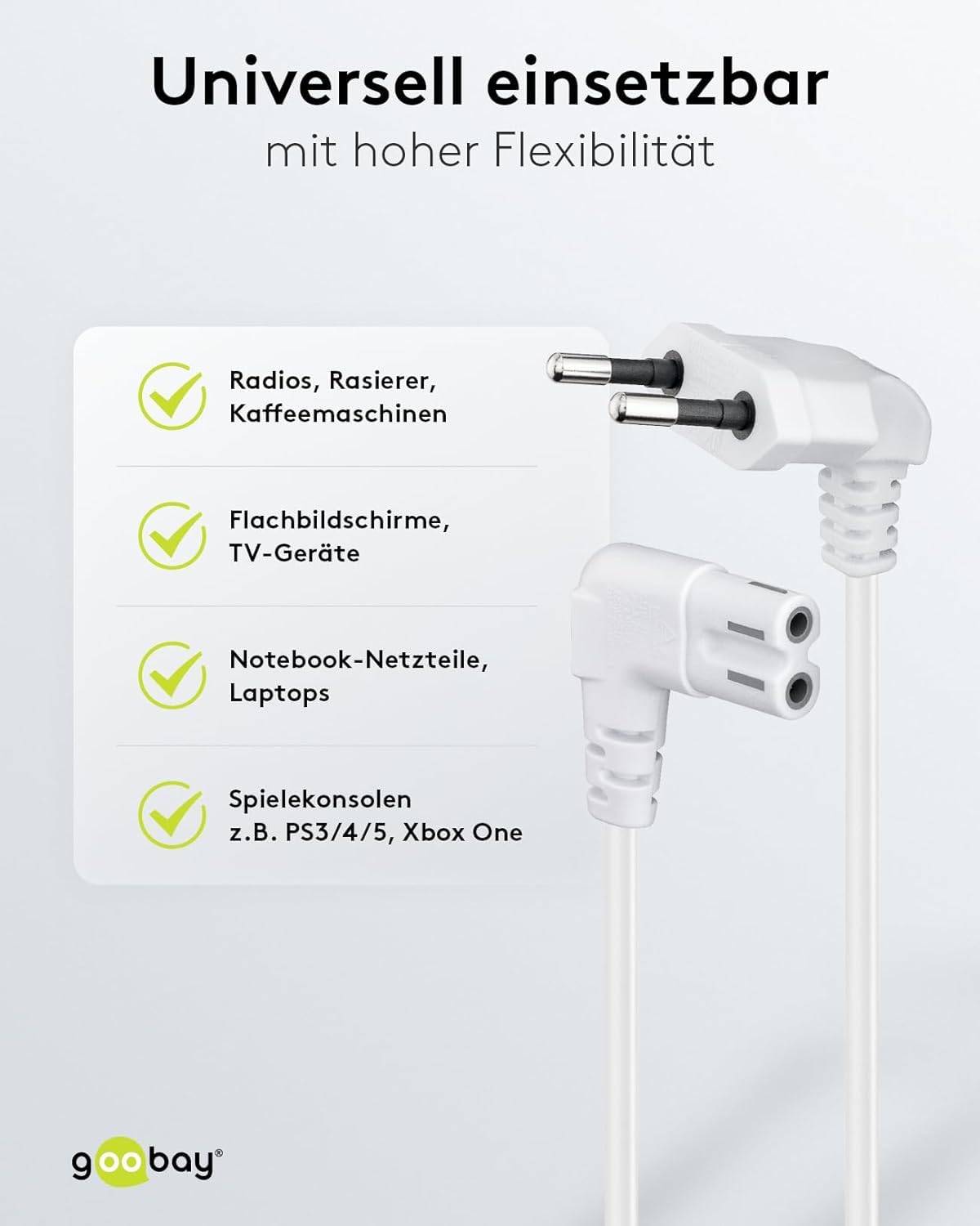 Goobay 97356 Netzkabel 90 Grad abgewinkelt / Eurostecker & C7 Buchse / Universell Stromkabel Eurokabel / Weiß / 3m-3