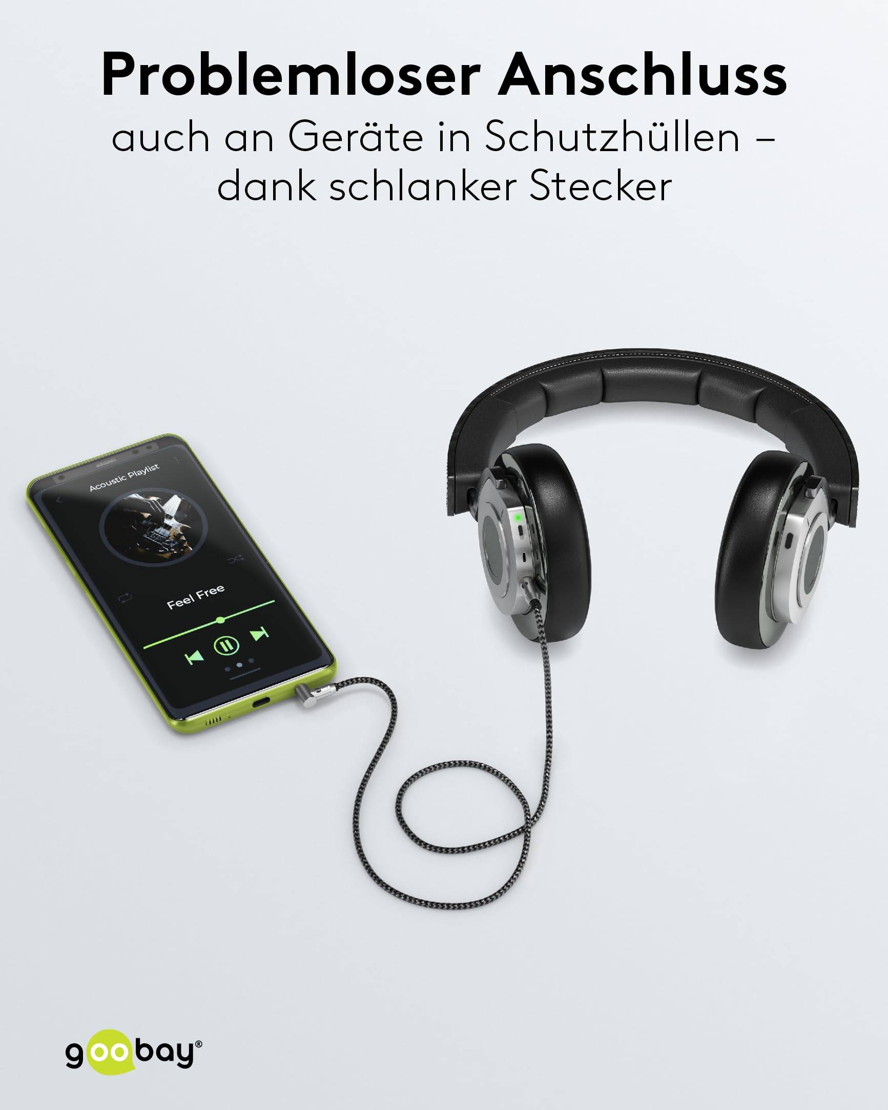 Goobay Plus 65279 AUX Kabel 3,5 mm Klinkenstecker / 90 Grad Klinke / Klinkenkabel / Textilkabel Shark Skin Grau / 2m-6