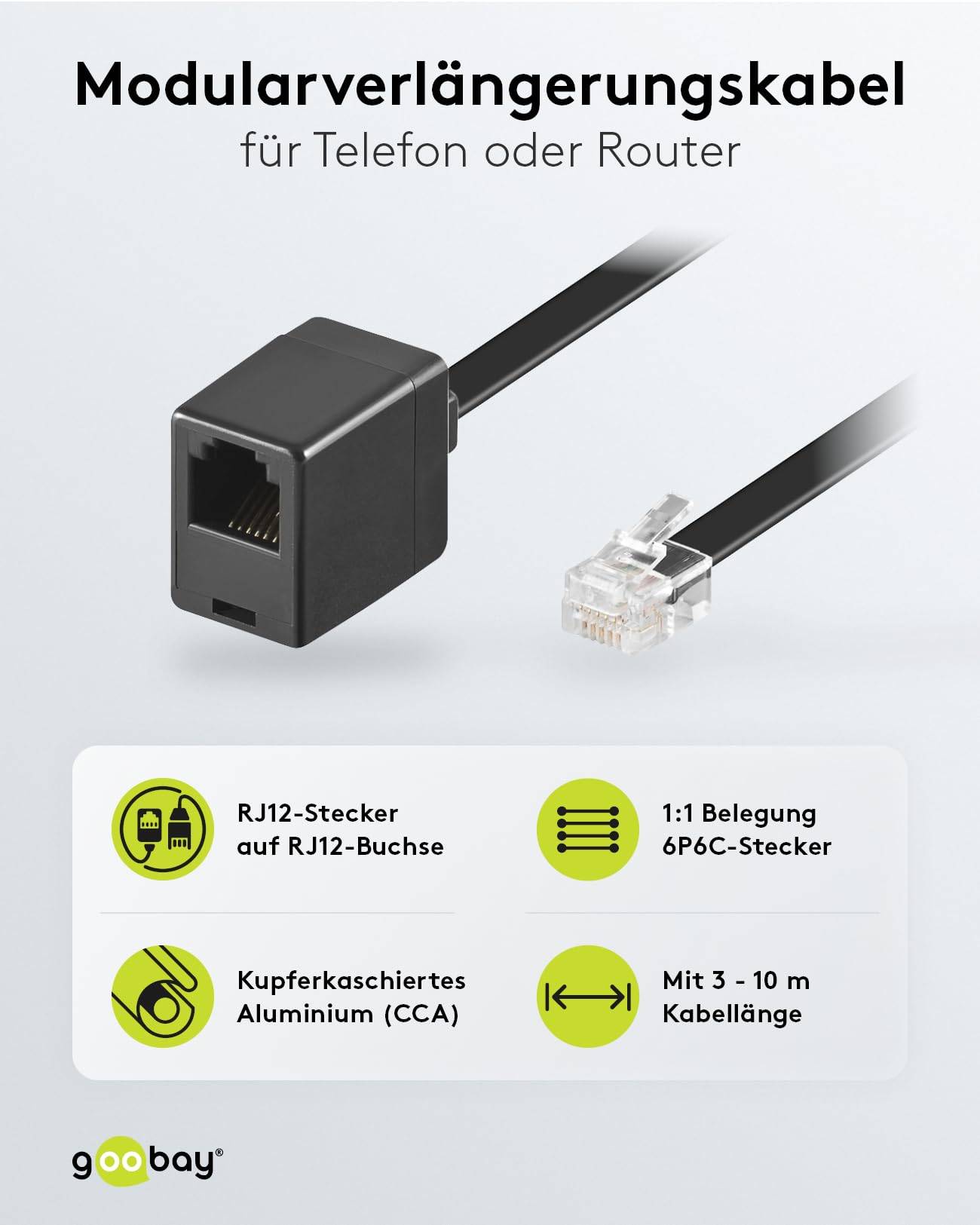 Goobay 68261 Modular Verlängerungskabel RJ12 Stecker auf RJ12 Buchse CCA Telefonkabel verlängern Westernstecker 10 Meter-1