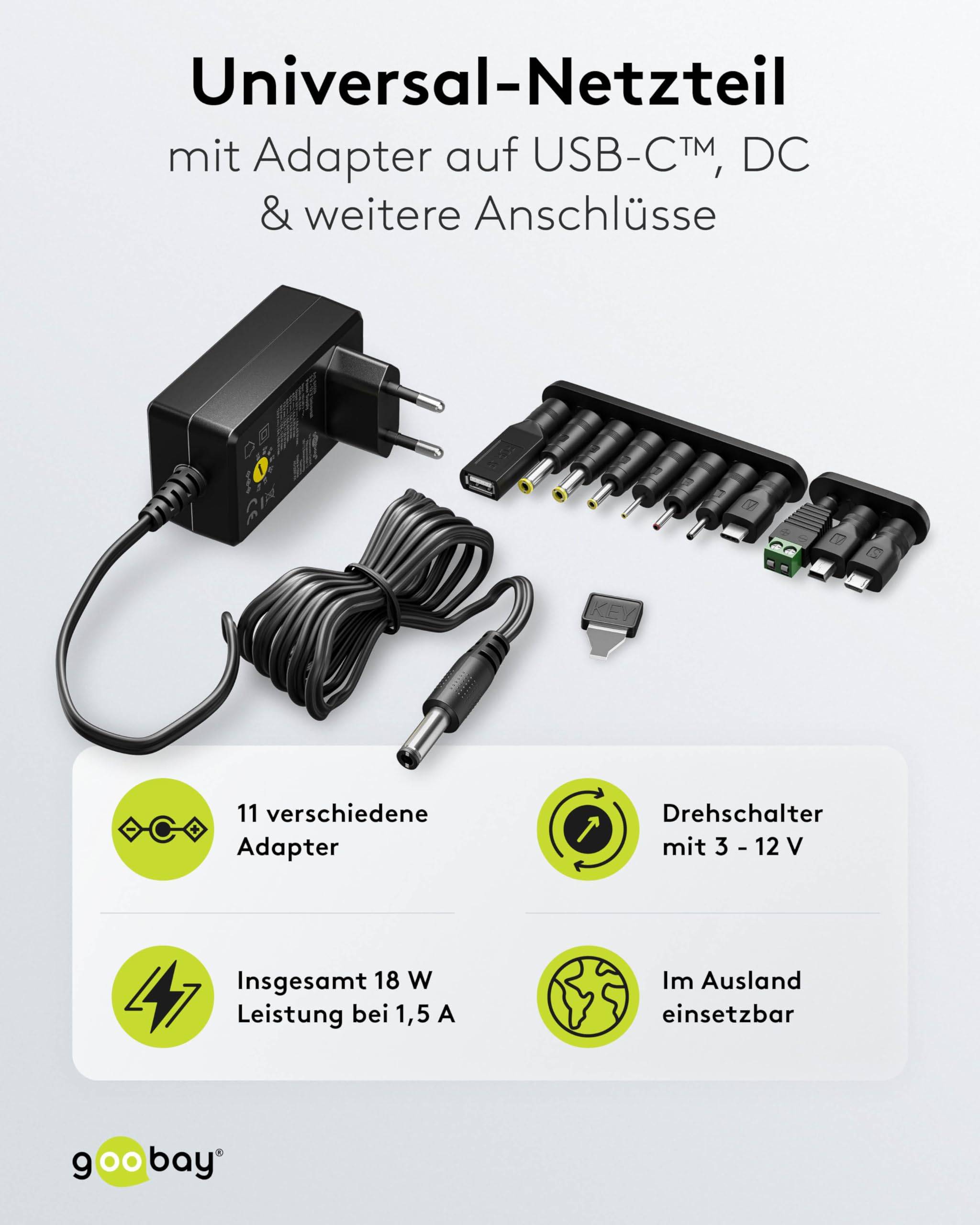Goobay 64569 Universal Netzteil 3-12V Ladegerät 11 Adapter USB & DC Steckernetzteil max. 18W / 1,5A Netzadapter Schwarz-1