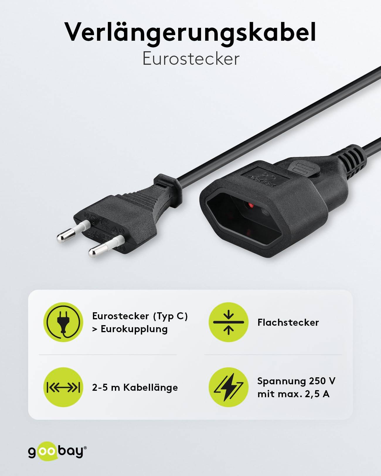 Goobay 50510 Euro Netzkabel Verlängerung 2 polig Stromkabel Eurostecker Typ C Eurokabel Verlängerungskabel Schwarz 5m-1