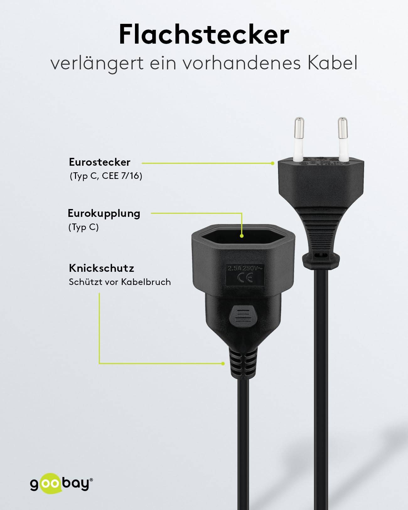 Goobay 50510 Euro Netzkabel Verlängerung 2 polig Stromkabel Eurostecker Typ C Eurokabel Verlängerungskabel Schwarz 5m-2