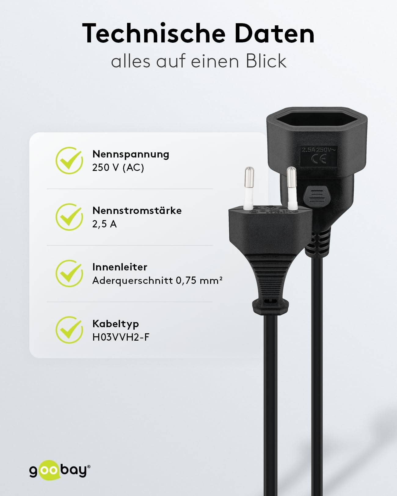 Goobay 50510 Euro Netzkabel Verlängerung 2 polig Stromkabel Eurostecker Typ C Eurokabel Verlängerungskabel Schwarz 5m-3