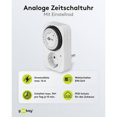 Goobay 51276 Analoge Zeitschaltuhr 3500W / Mechanische Schaltuhr für Steckdose / 15 Min Takt Dauerbetrieb / Kontroll-LED-1