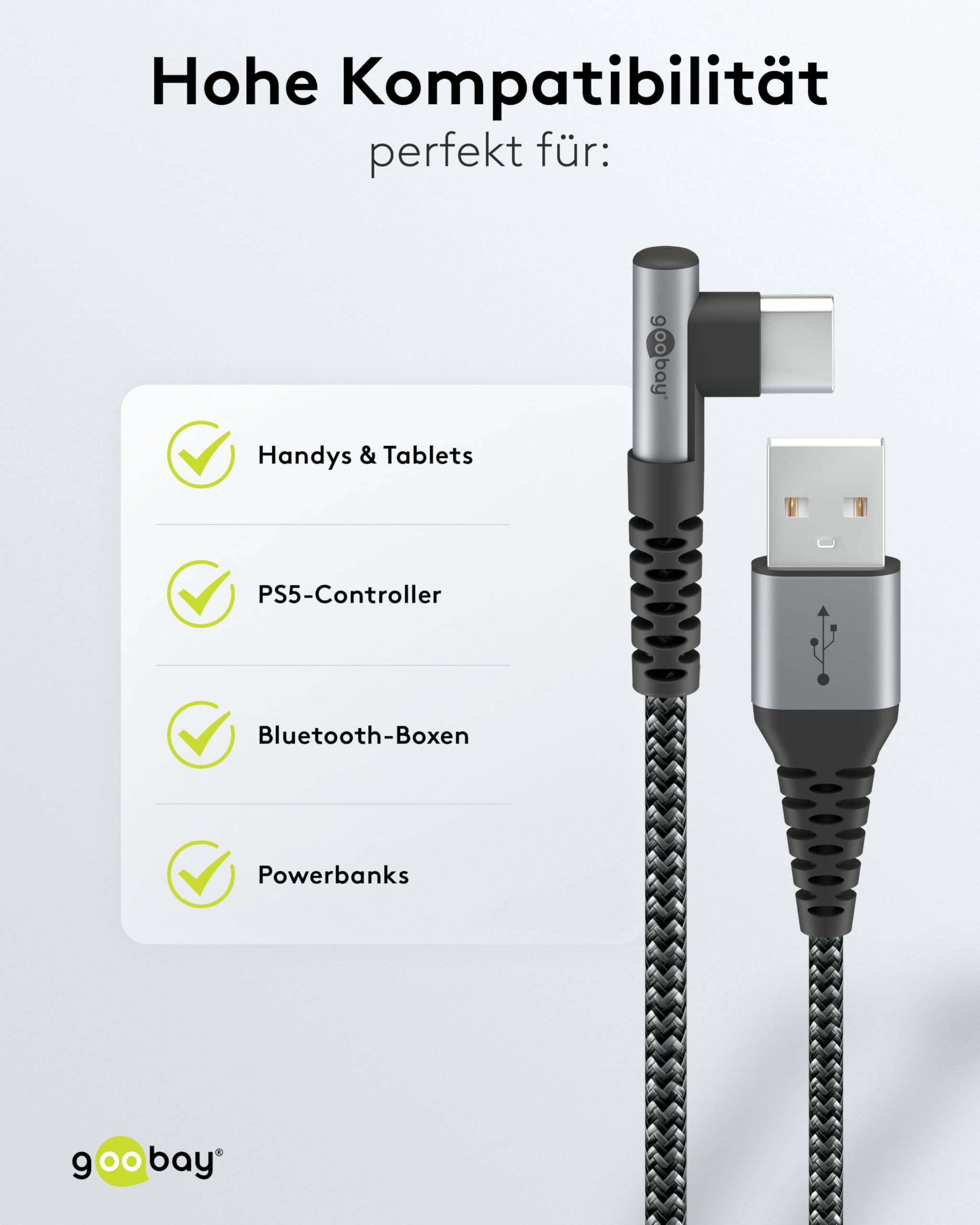 Goobay 64655 USB C auf USB A 90° gewinkelt Handykabel Ladekabel Adapterkabel 480 Mbit/s Textilkabel Stoffkabel Grau 0,5m-5
