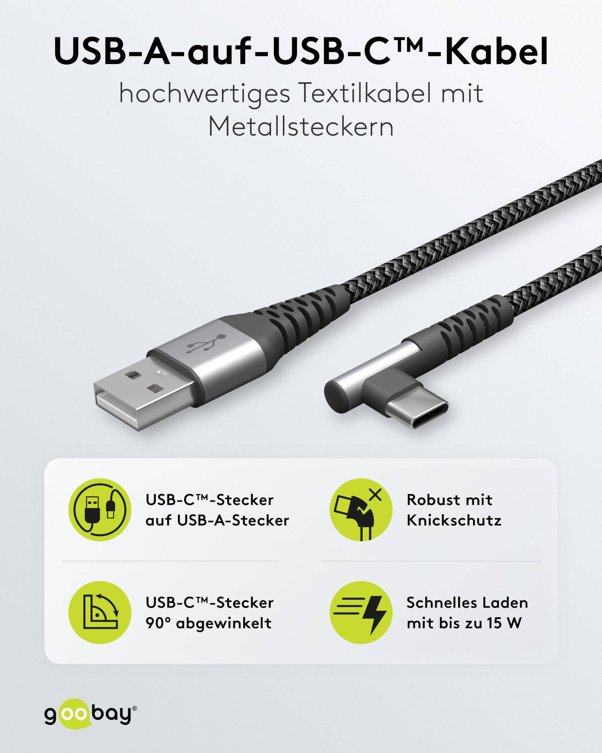 Goobay 64655 USB C auf USB A 90° gewinkelt Handykabel Ladekabel Adapterkabel 480 Mbit/s Textilkabel Stoffkabel Grau 0,5m-1