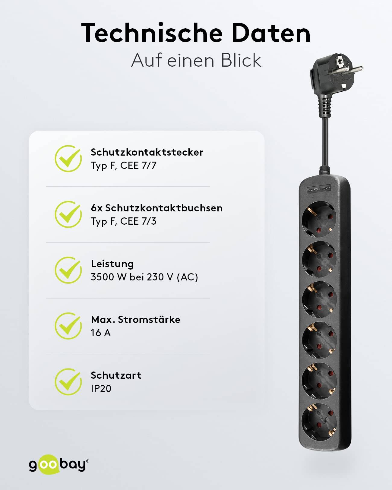 Goobay 96050 Steckdosenleiste mit 45° Steckplätzen, 3500 W, 6er Mehrfachsteckdose 6 fach Steckdose, 3.0 m Kabel, Schwarz-1