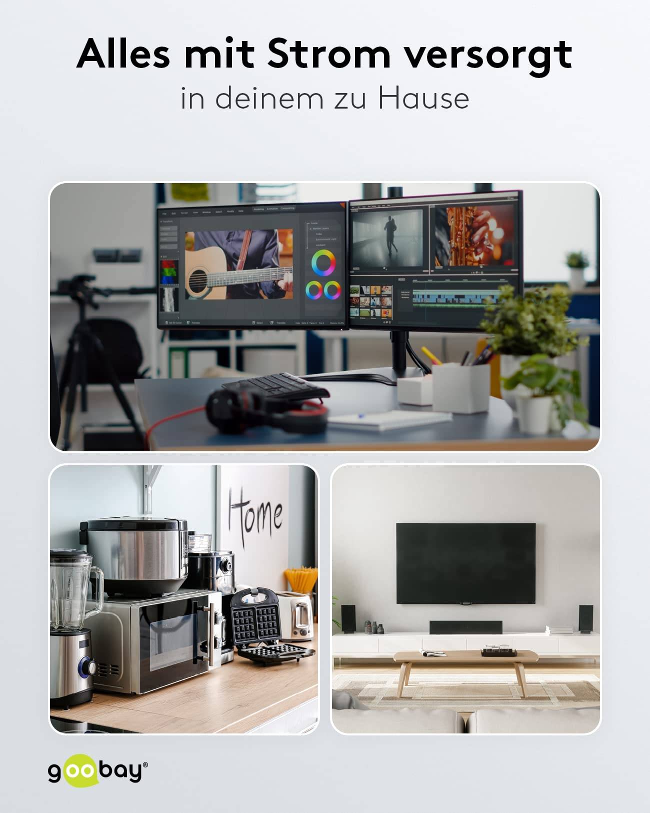 Goobay 96050 Steckdosenleiste mit 45° Steckplätzen, 3500 W, 6er Mehrfachsteckdose 6 fach Steckdose, 3.0 m Kabel, Schwarz-2