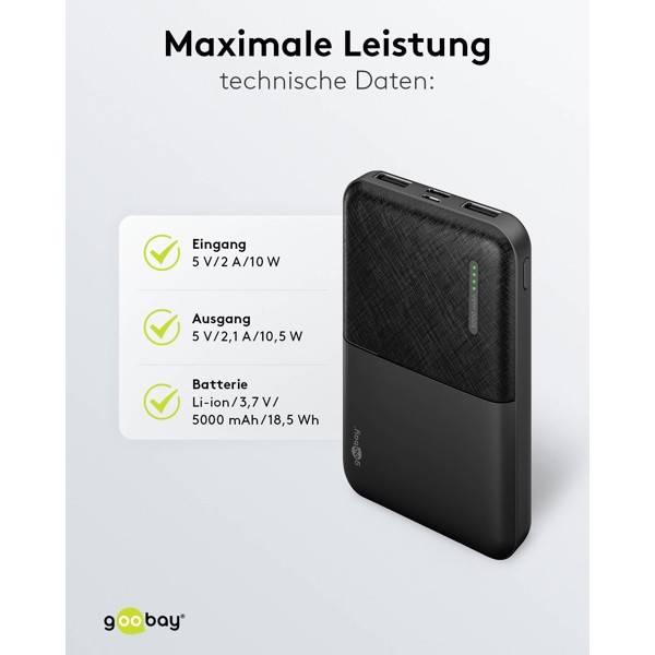 Goobay Kompakte Powerbank 5000 mAh, 2x USB-A, USB-C & Micro-USB Eingang, 10 W Ladeleistung-5