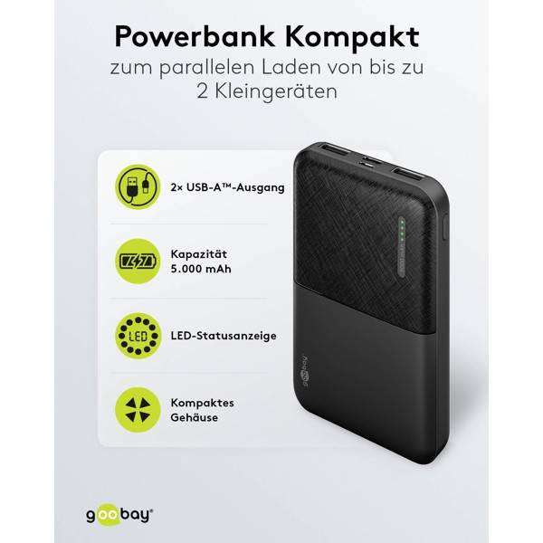 Goobay Kompakte Powerbank 5000 mAh, 2x USB-A, USB-C & Micro-USB Eingang, 10 W Ladeleistung-1