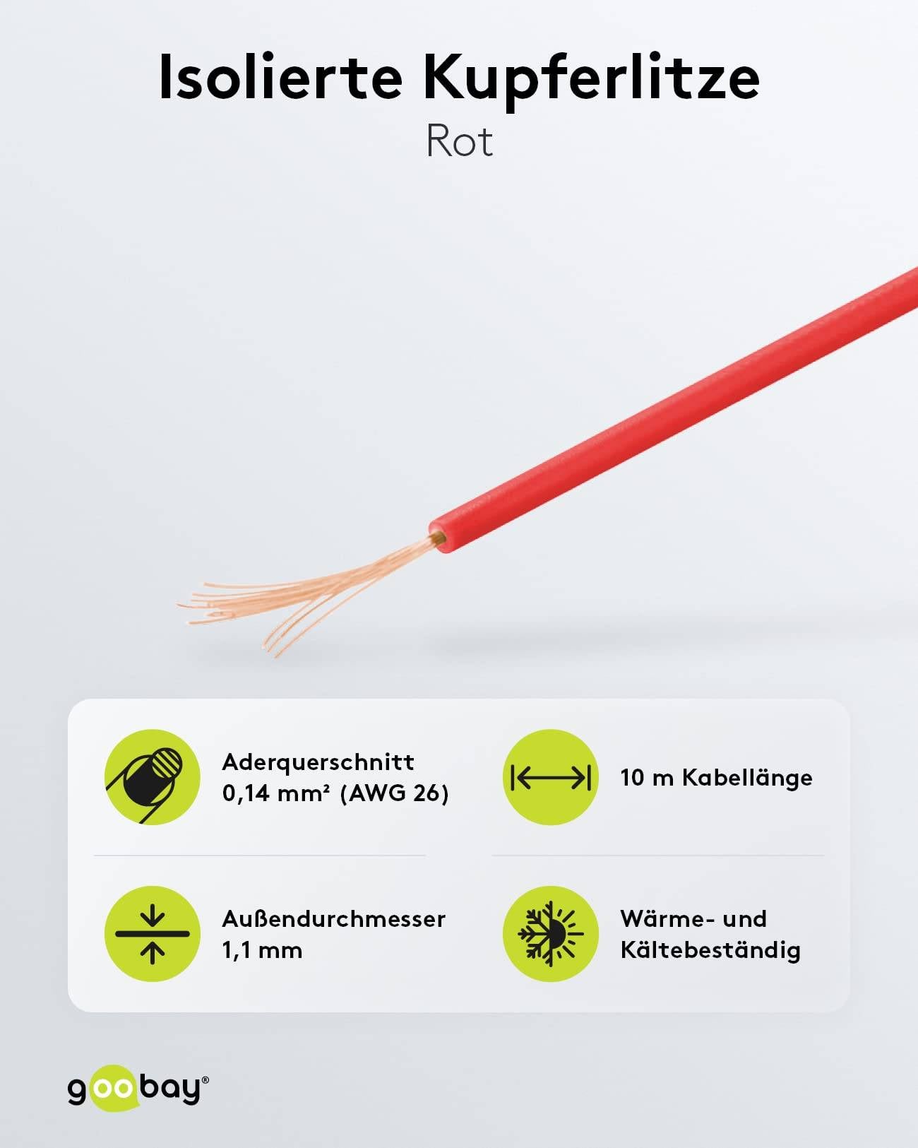 Goobay 55044 Kupferlitze 1adrig isoliert Kupferkabel mehrdrähtig Klingeldraht 18x 0,1mm AWG 26 Litze Kabellitze Rot 10m-2