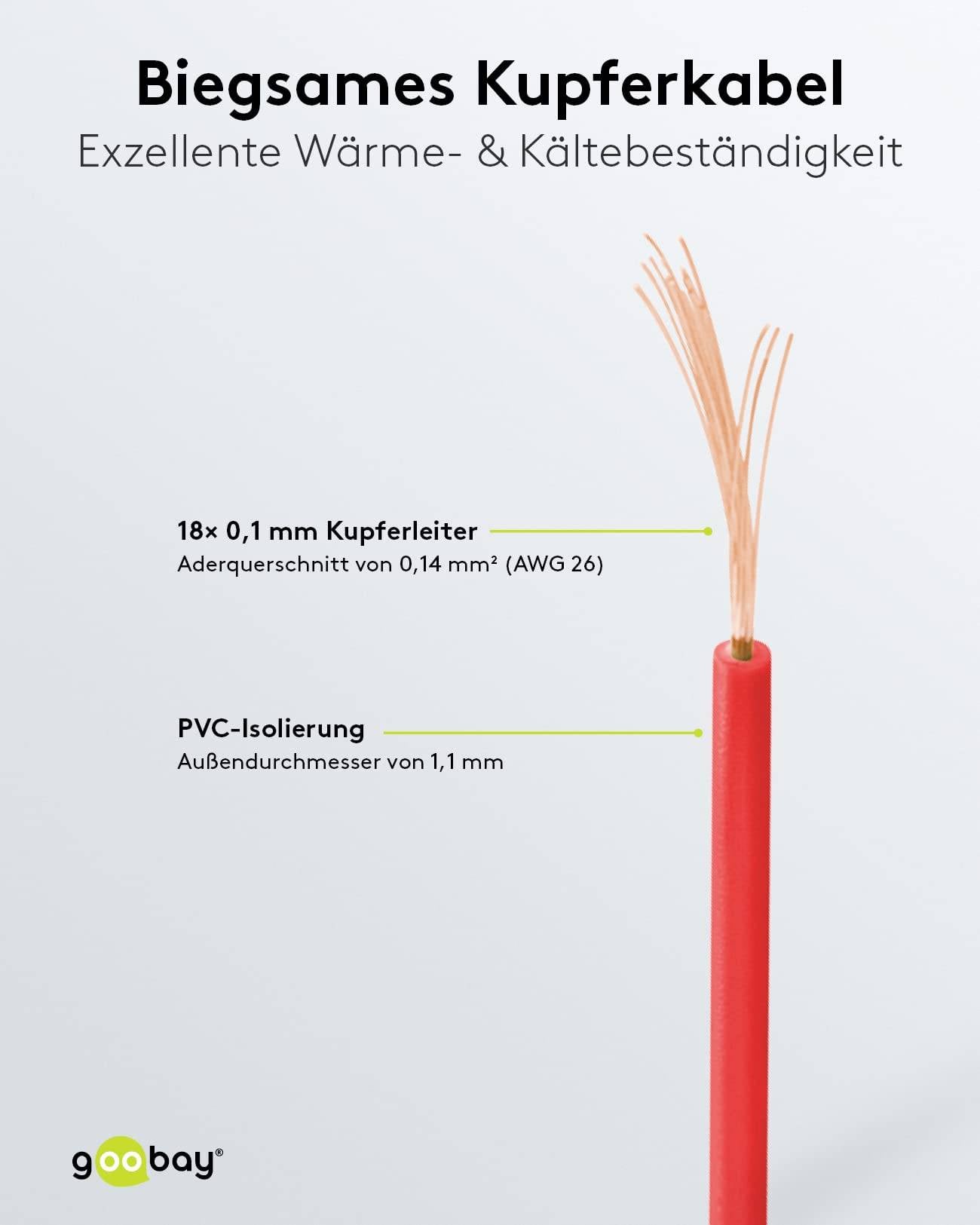 Goobay 55044 Kupferlitze 1adrig isoliert Kupferkabel mehrdrähtig Klingeldraht 18x 0,1mm AWG 26 Litze Kabellitze Rot 10m-4