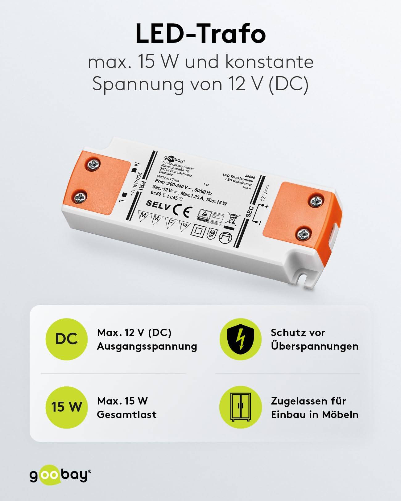 Goobay 30005 LED Trafo 230 V auf 12 V Gleichspannung (DC) für 15W LED Beleuchtung LED Treiber Konstantstromquelle-1