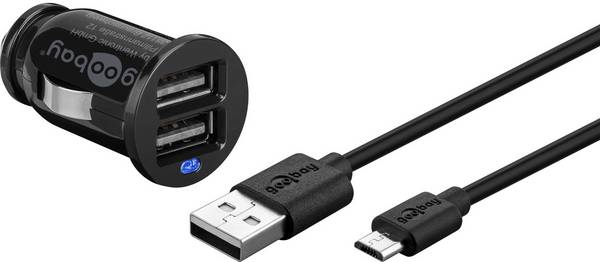 Goobay 71692 Dual Kfz Adapter Zigarettenanzünder / Micro USB Ladekabel / Auto Ladegerät 12W / USB-A Ladeset / Schwarz
