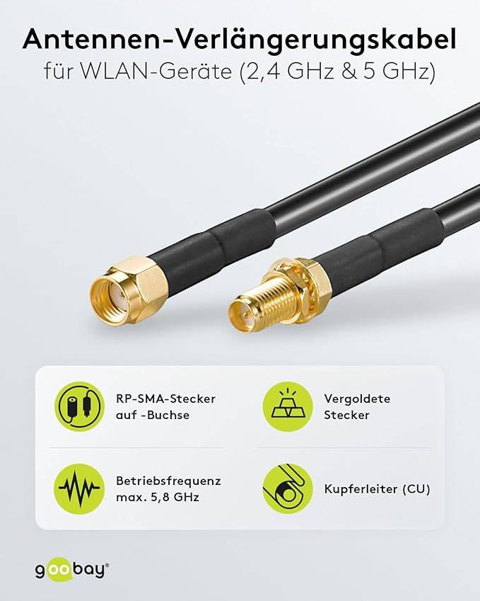 Goobay 51678 WLAN Antennenkabel RP SMA Anschlüsse Koaxialkabel Antennenkabelverlängerung WLAN Geräte Koaxial Schwarz 5m-1