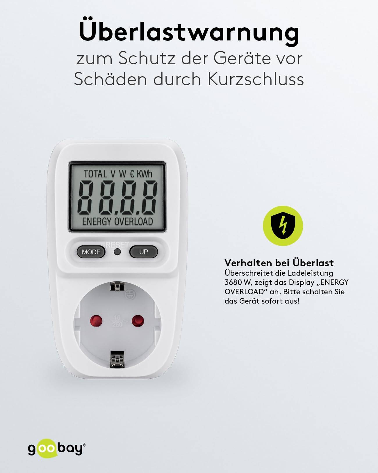 Goobay 64589 Digitales Energiekostenmessgerät Basic / Steckdose Stromzähler 3680W 16A 230V / Strommessgerät / LC Display-6